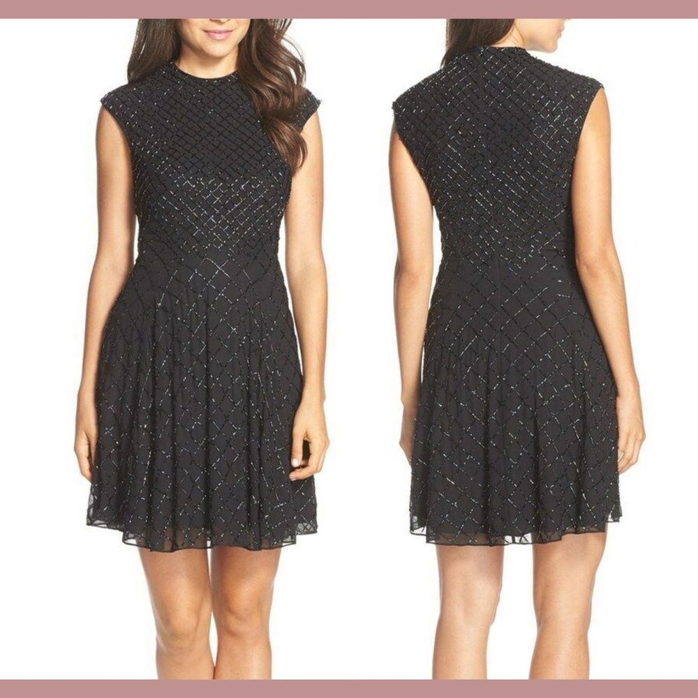 NWT $369 needle & thread [ 2 US ] Beaded Georgette Fit & Flare Dress‎ Black